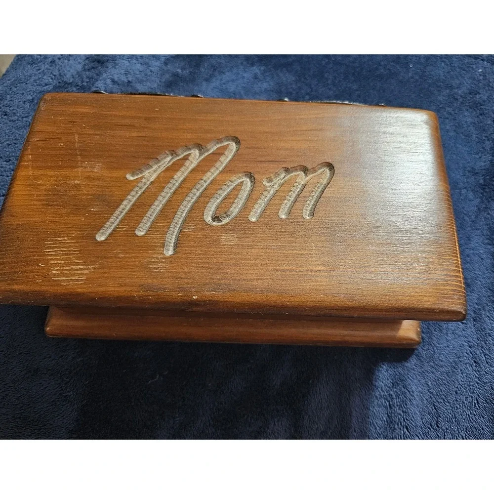 Vintage Handmade Wooden Mom Jewelry Box Carved Wood Keepsake Chest Red Lining